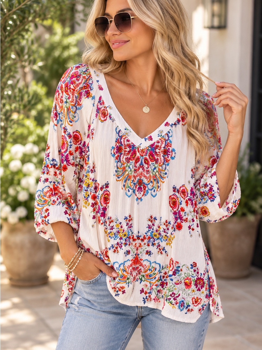Bila White Tunic Top with Multicolor Floral Embroidery